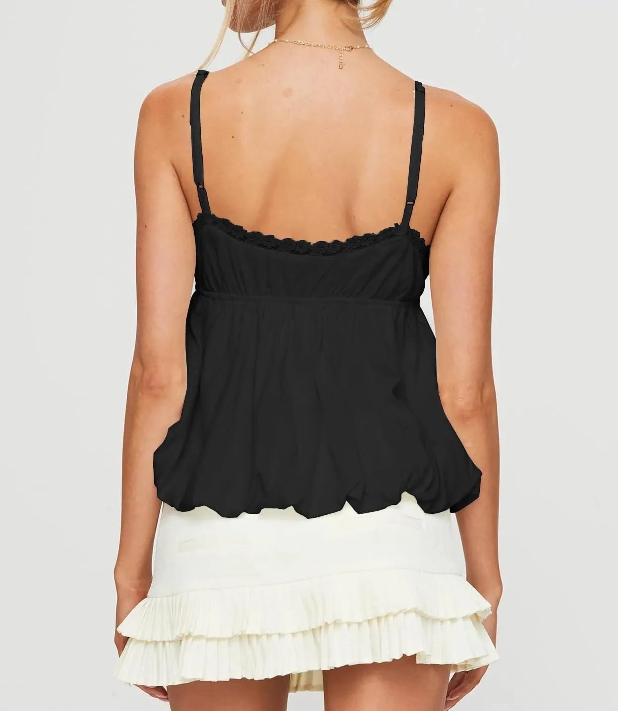 Women Y2k Lace Trim Camisole Spaghetti Strap Flowy Babydoll Tank Tops Cute Bow V Neck Ruffle Hem Peplum Camis