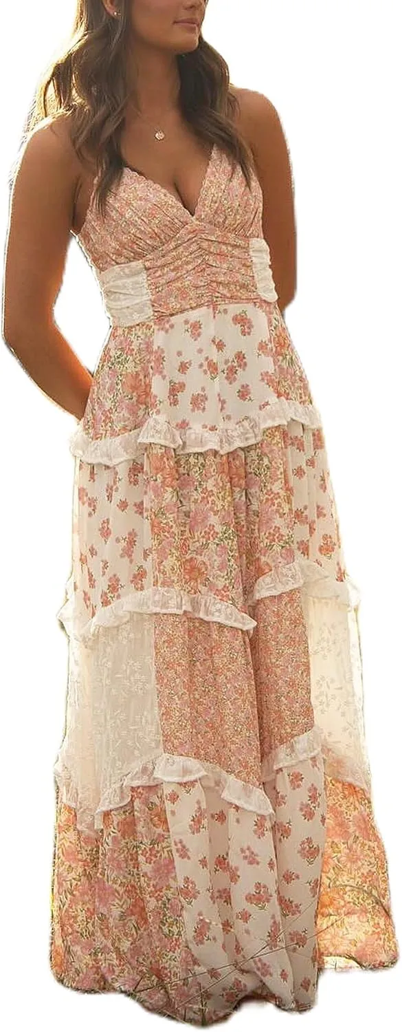 Women Y2k Patchwork Floral Maxi Dress Boho Smocked Tie Shoulder Long Sundress Flowy Summer Beach Vacation Dresses
