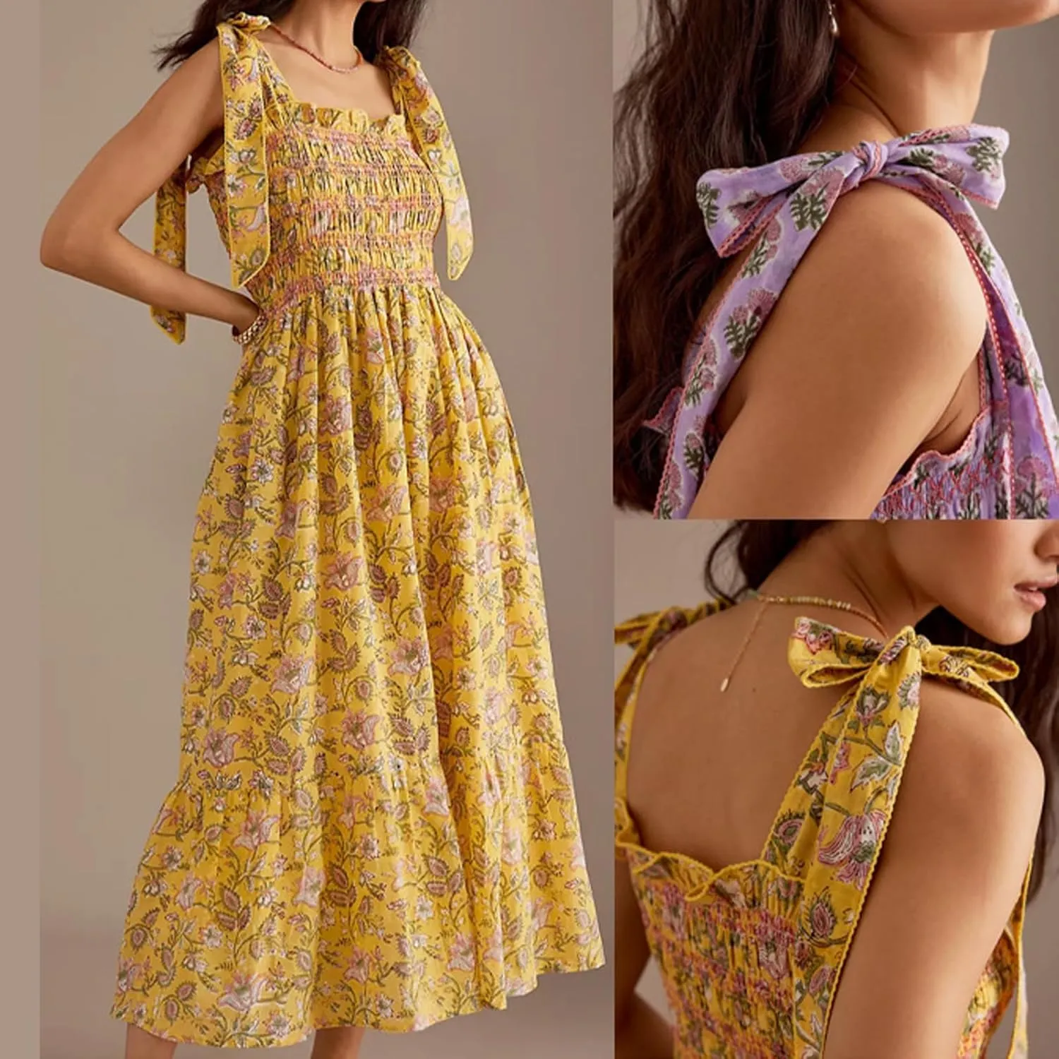 Women Y2k Summer Flowy Maxi Sundress Sleeveless Tie Shoulder Smocked Flowy Dress Floral Beach Sundress