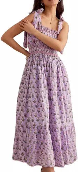 Women Y2k Summer Flowy Maxi Sundress Sleeveless Tie Shoulder Smocked Flowy Dress Floral Beach Sundress