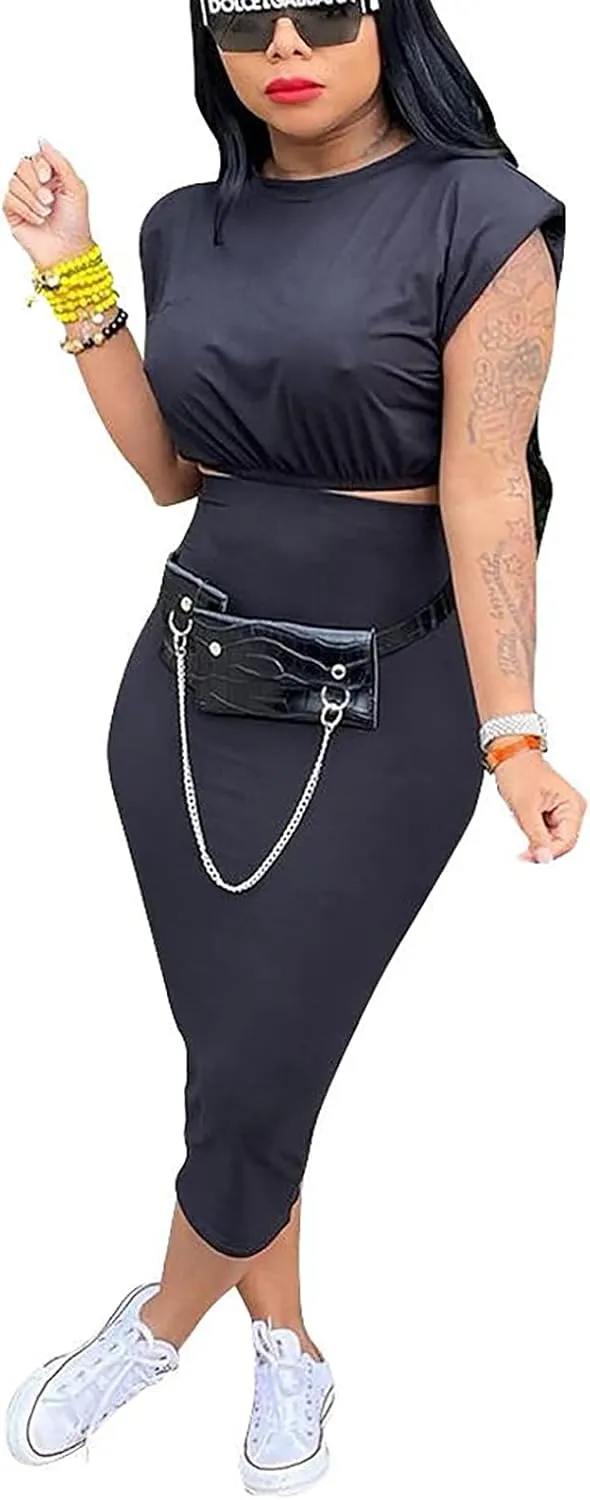 Womens 2 Piece Outfits Skirt Sets Casual Summer Dresses Sleeveless Pad Shoulder Crop Tops Midi Long Skirts Clubwear (S6279-Black,S)