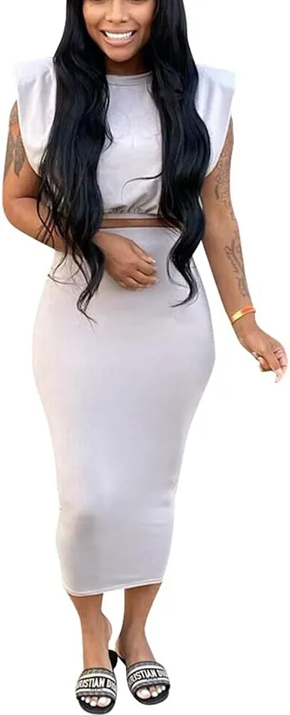 Womens 2 Piece Outfits Skirt Sets Casual Summer Dresses Sleeveless Pad Shoulder Crop Tops Midi Long Skirts Clubwear (S6279-Grey,L)