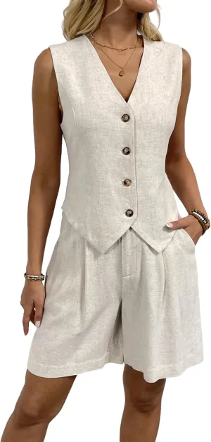Women's 2 Piece Outfits Summer Linen Vest Waistcoat and Shorts Suits Dressy Casual Vacation Beach Two Piece Sets