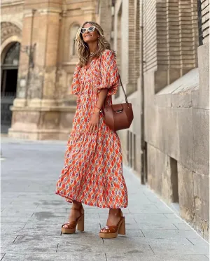 Womens 2024 Casual Boho Maxi Dresses V Neck 3/4 Puff Sleeve Geometric Pattern Smocked Ruffle Beach Long Sundress