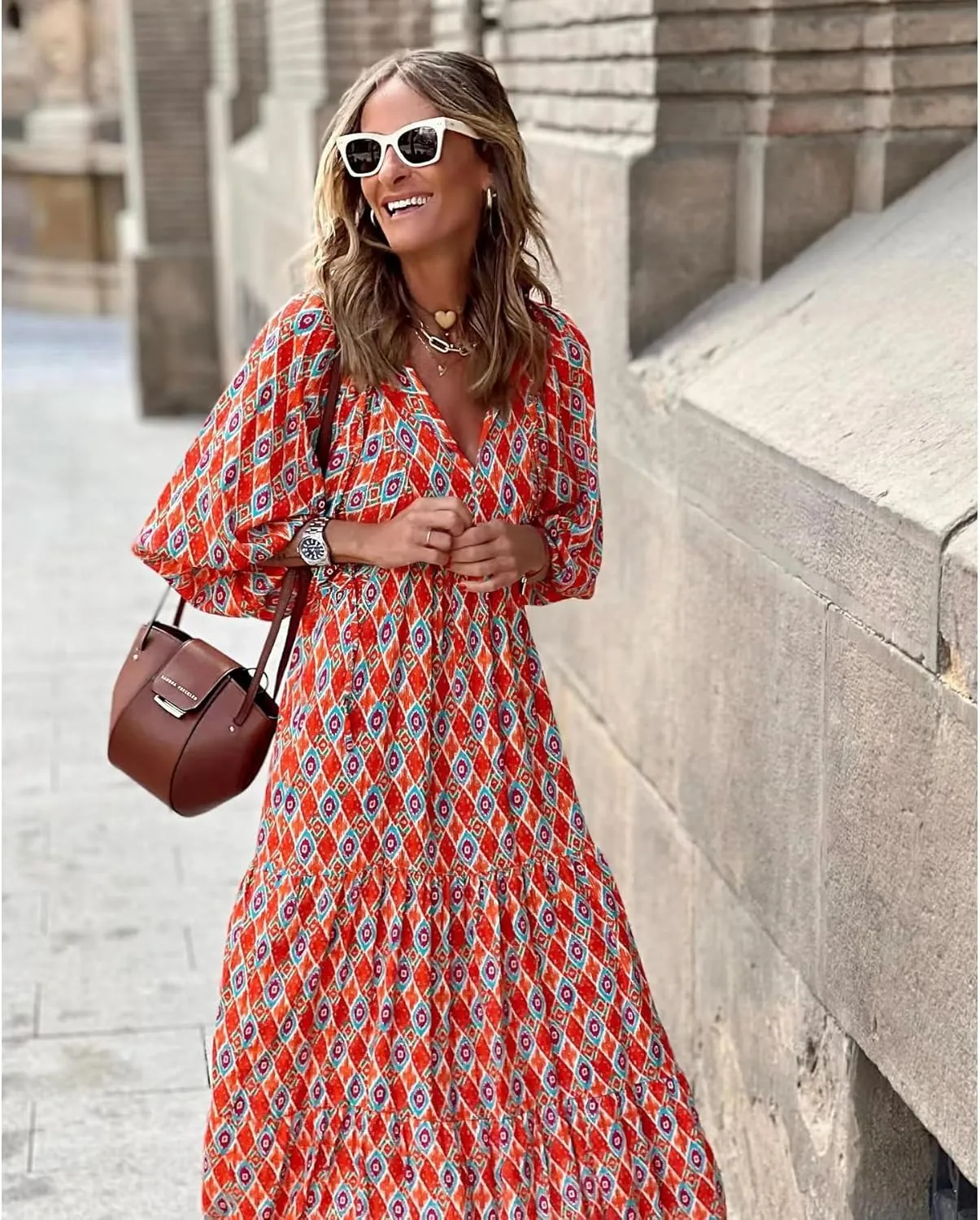 Womens 2024 Casual Boho Maxi Dresses V Neck 3/4 Puff Sleeve Geometric Pattern Smocked Ruffle Beach Long Sundress