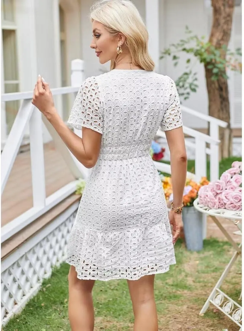 Womens 2025 Dress V Neck Short Sleeve A Line Hollow Out Eyelet Lace Ruffle Casual Party Mini Formal Dresses Sundress