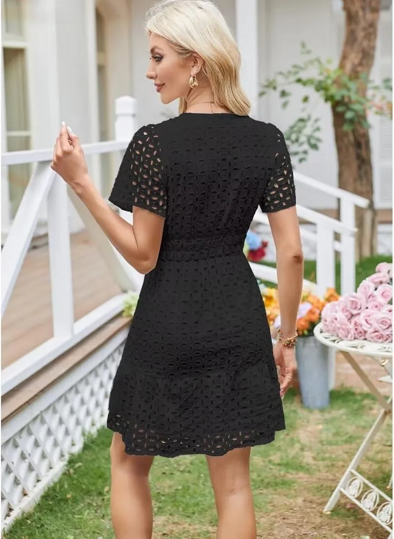 Womens 2025 Dress V Neck Short Sleeve A Line Hollow Out Eyelet Lace Ruffle Casual Party Mini Formal Dresses Sundress