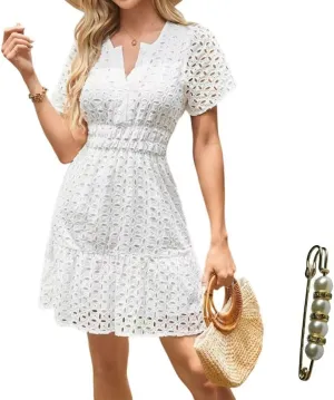 Womens 2025 Dress V Neck Short Sleeve A Line Hollow Out Eyelet Lace Ruffle Casual Party Mini Formal Dresses Sundress
