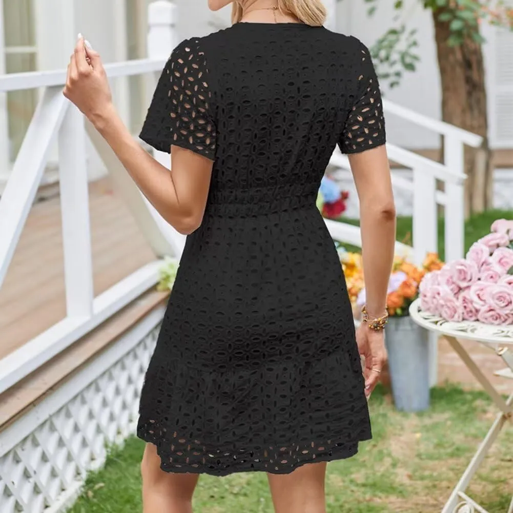 Womens 2025 Dress V Neck Short Sleeve A Line Hollow Out Eyelet Lace Ruffle Casual Party Mini Formal Dresses Sundress