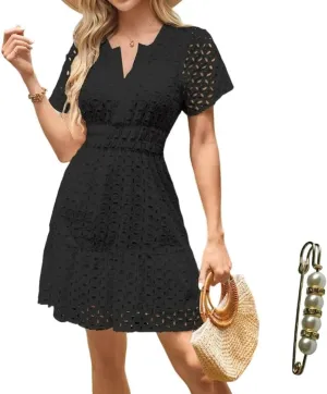 Womens 2025 Dress V Neck Short Sleeve A Line Hollow Out Eyelet Lace Ruffle Casual Party Mini Formal Dresses Sundress
