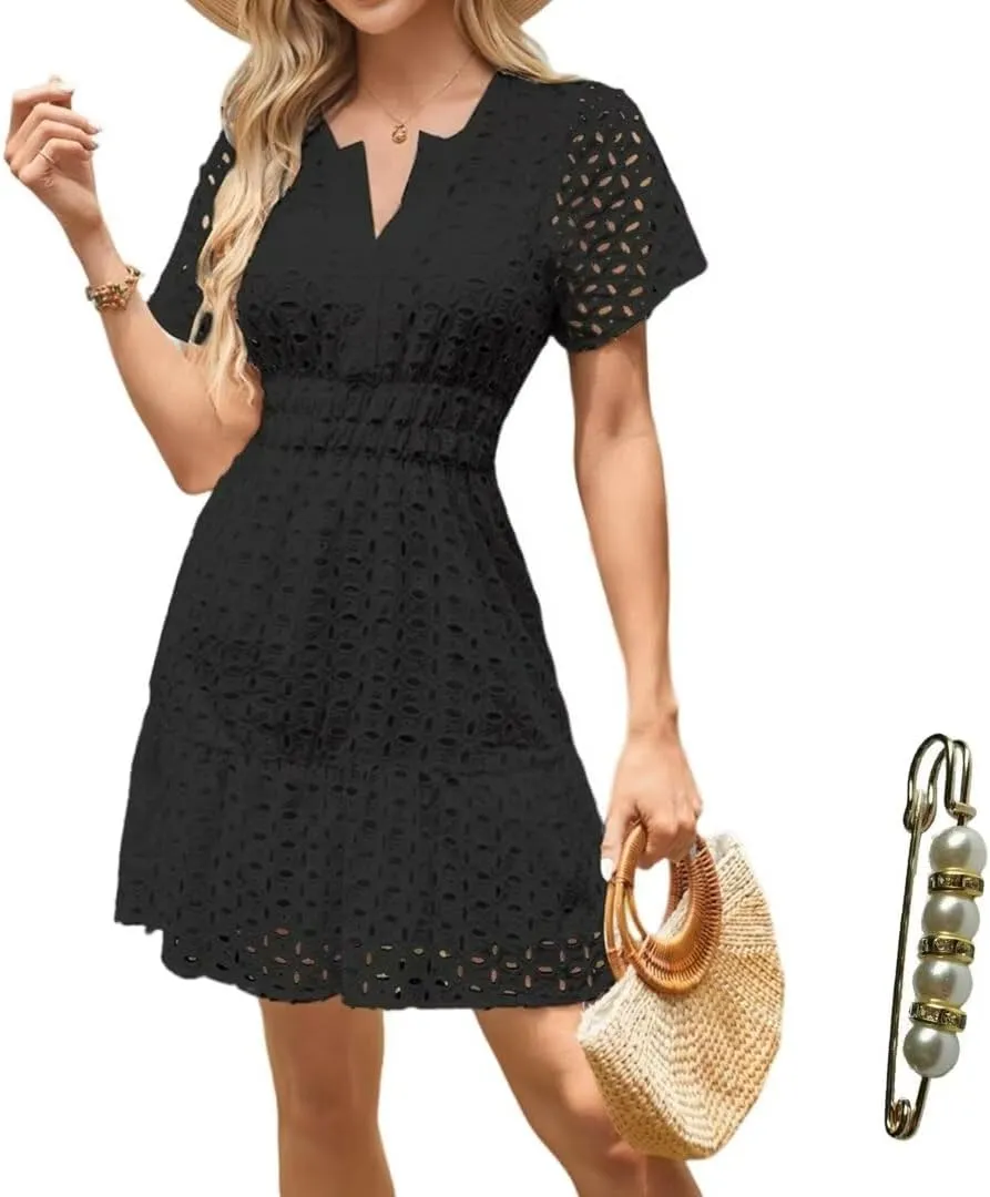 Womens 2025 Dress V Neck Short Sleeve A Line Hollow Out Eyelet Lace Ruffle Casual Party Mini Formal Dresses Sundress