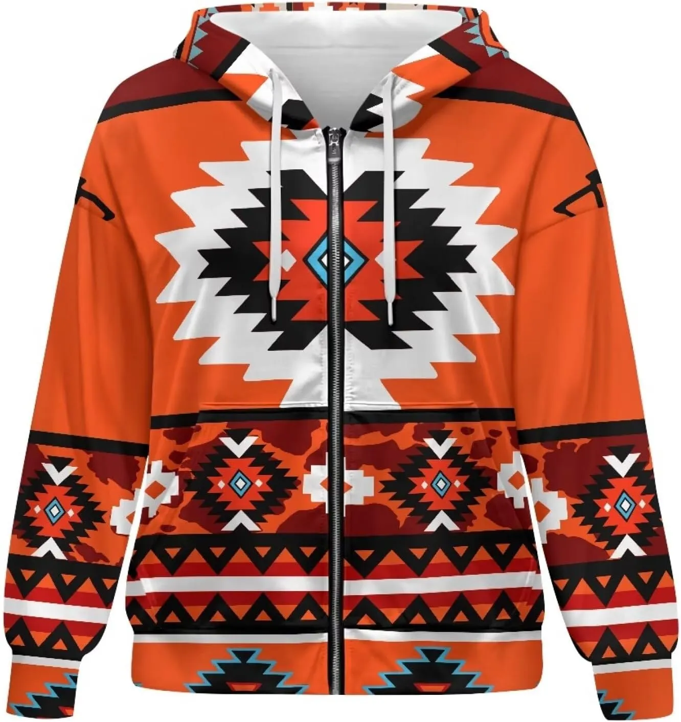Women's Aztec Print Hoodies Casual Long Sleeve Zip Up Ethnic Western Drawstring Hooded Sweatshirts with Pockets