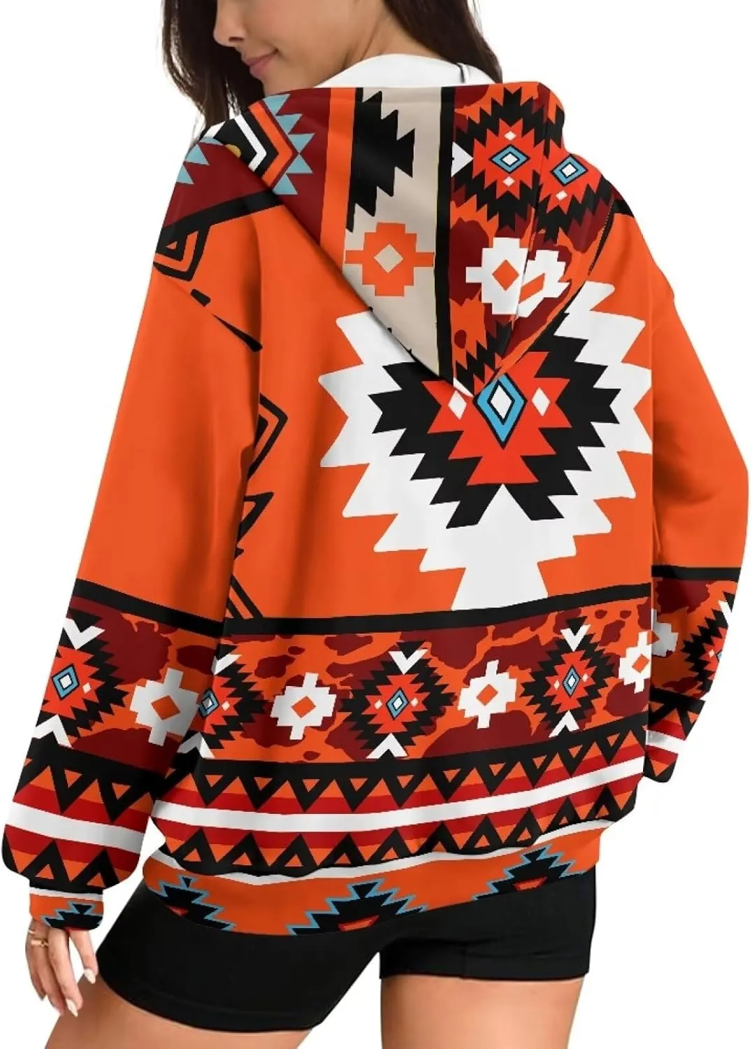 Women's Aztec Print Hoodies Casual Long Sleeve Zip Up Ethnic Western Drawstring Hooded Sweatshirts with Pockets