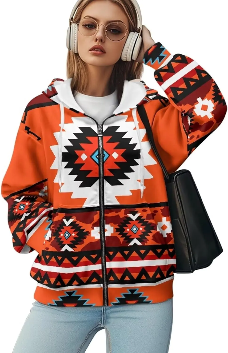 Women's Aztec Print Hoodies Casual Long Sleeve Zip Up Ethnic Western Drawstring Hooded Sweatshirts with Pockets