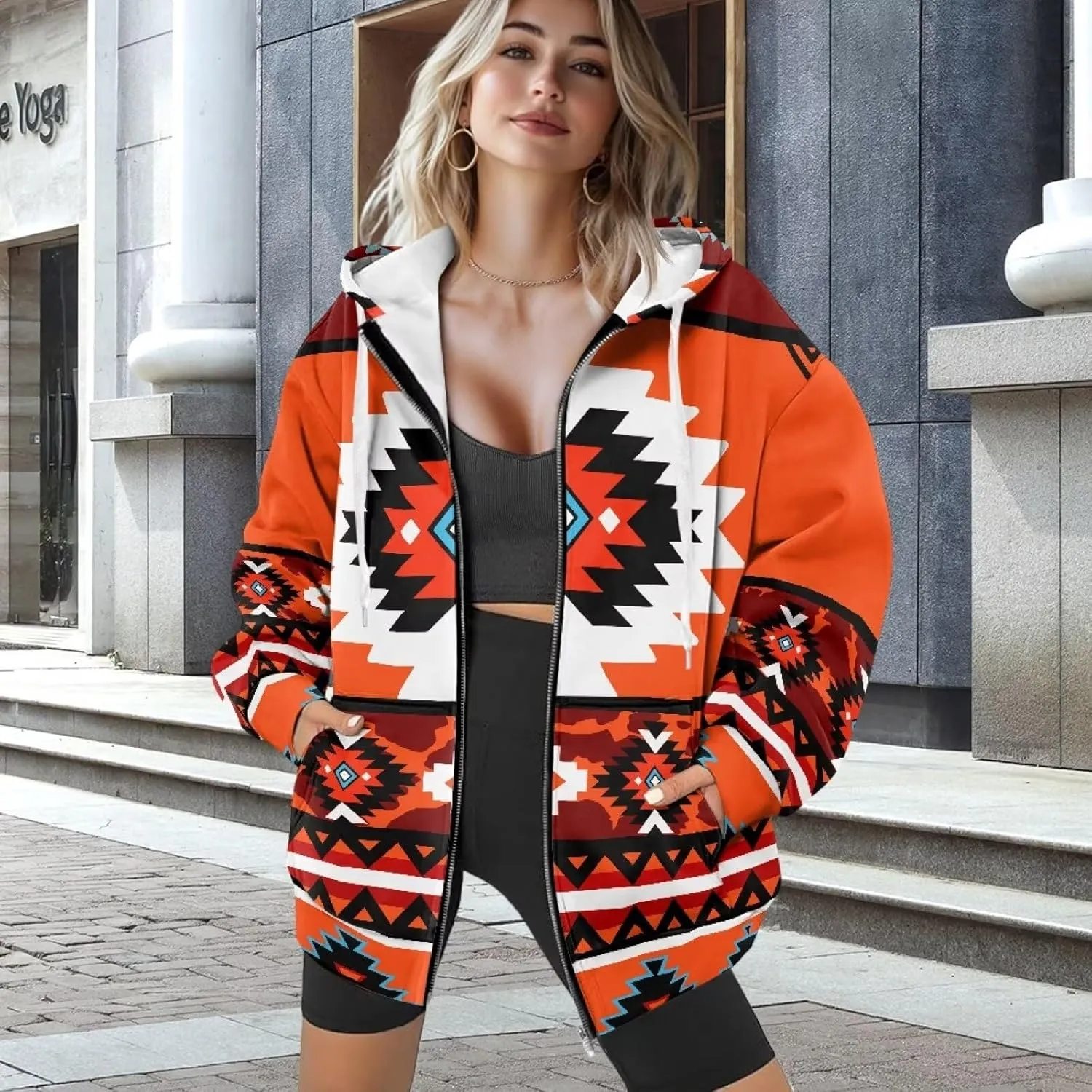 Women's Aztec Print Hoodies Casual Long Sleeve Zip Up Ethnic Western Drawstring Hooded Sweatshirts with Pockets