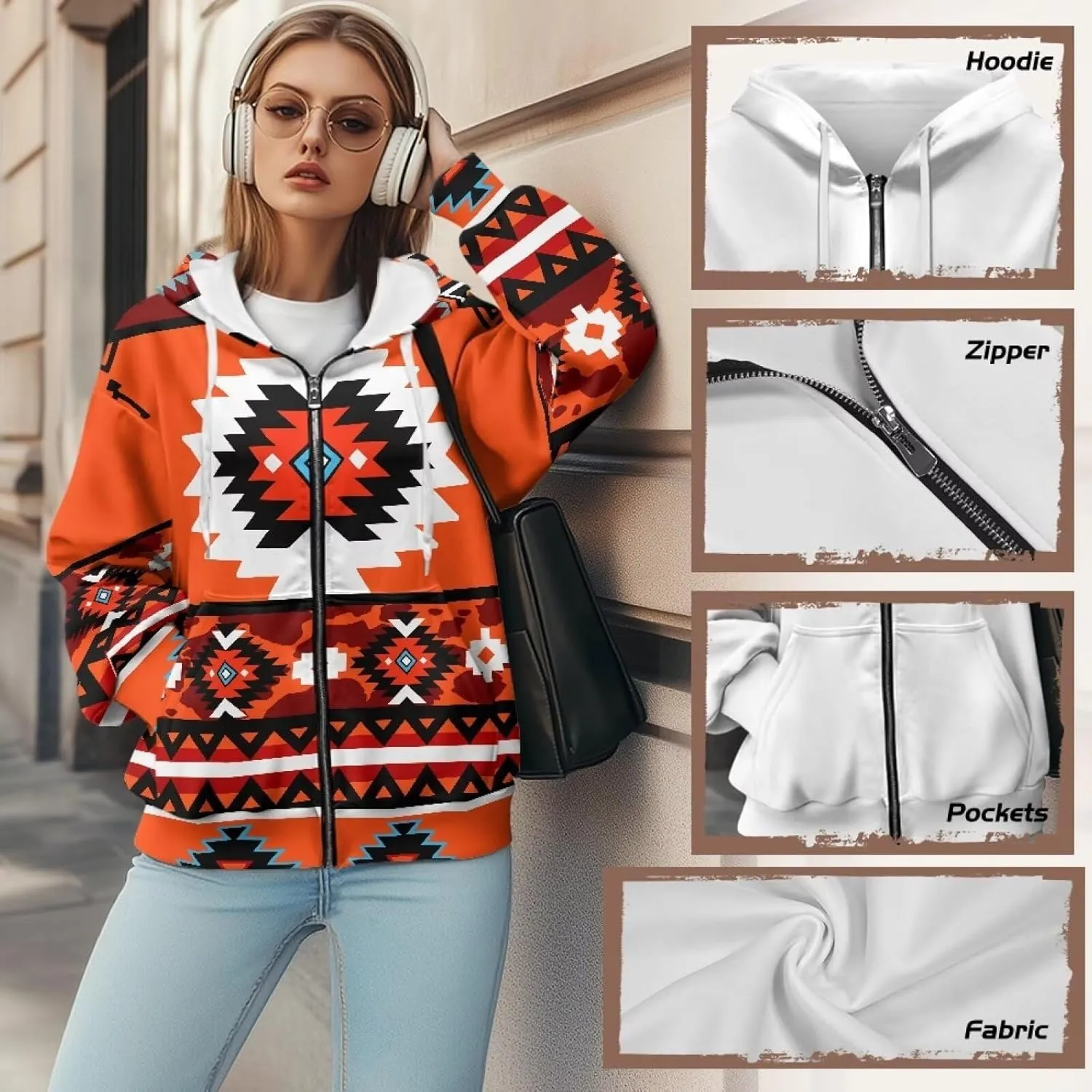 Women's Aztec Print Hoodies Casual Long Sleeve Zip Up Ethnic Western Drawstring Hooded Sweatshirts with Pockets