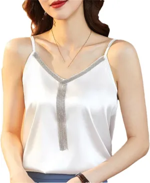Women's Backless Crop Tops Solid Color Short Satin Camisole Female V-Neck Slim Tassel Vest