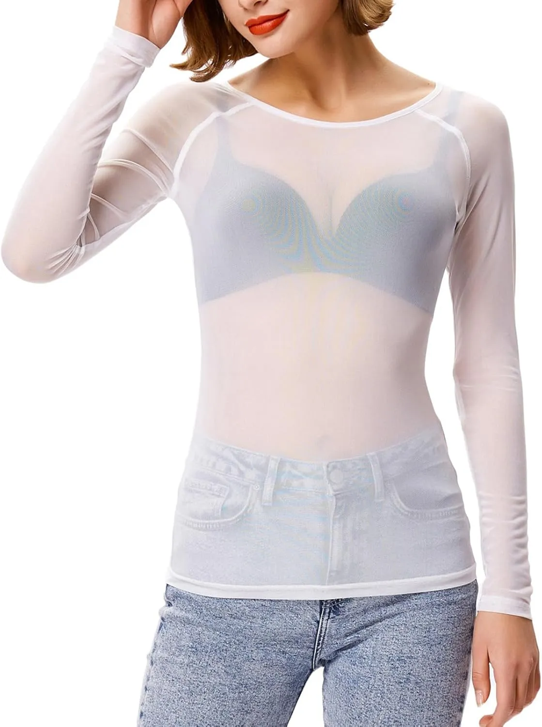 Women's Basic Long Sleeves Mesh Sheer Tops