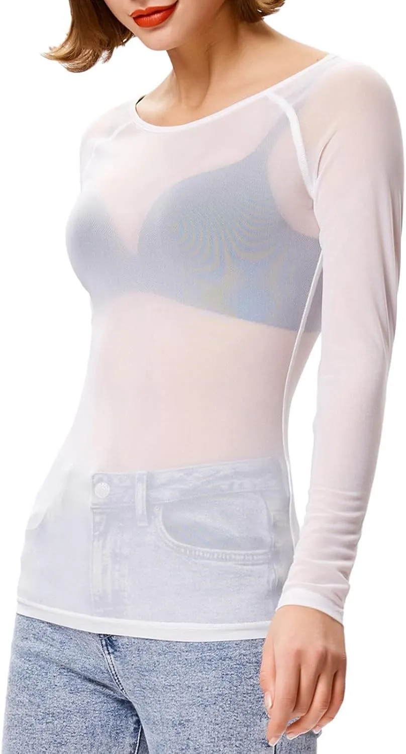 Women's Basic Long Sleeves Mesh Sheer Tops