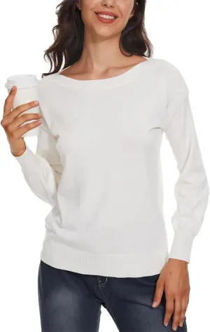 Women's Boat Neck Long Sleeve Sweaters Casual Lightweight Knit Pullover Tops Fall Winter Trendy