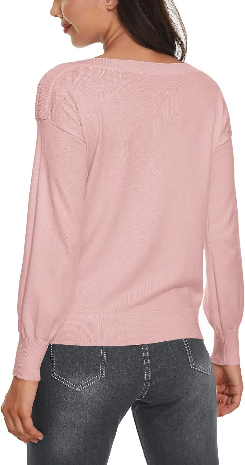 Women's Boat Neck Long Sleeve Sweaters Casual Lightweight Knit Pullover Tops Fall Winter Trendy