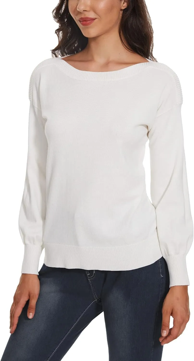 Women's Boat Neck Long Sleeve Sweaters Casual Lightweight Knit Pullover Tops Fall Winter Trendy