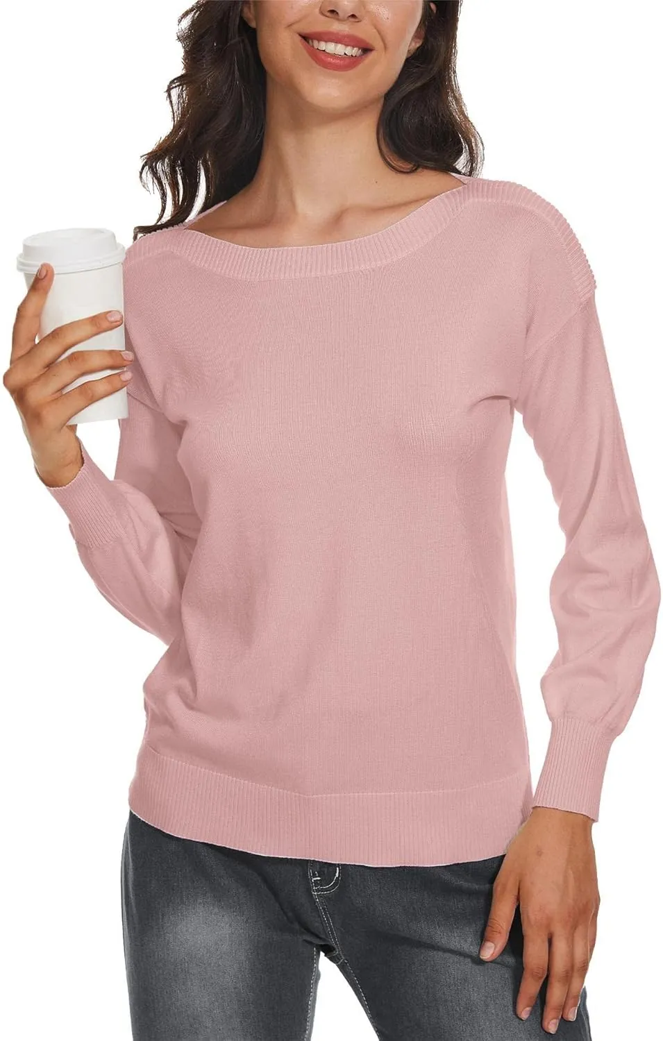 Women's Boat Neck Long Sleeve Sweaters Casual Lightweight Knit Pullover Tops Fall Winter Trendy