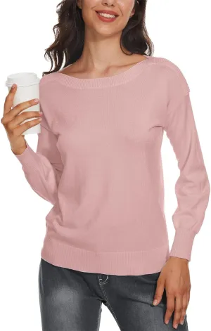 Women's Boat Neck Long Sleeve Sweaters Casual Lightweight Knit Pullover Tops Fall Winter Trendy