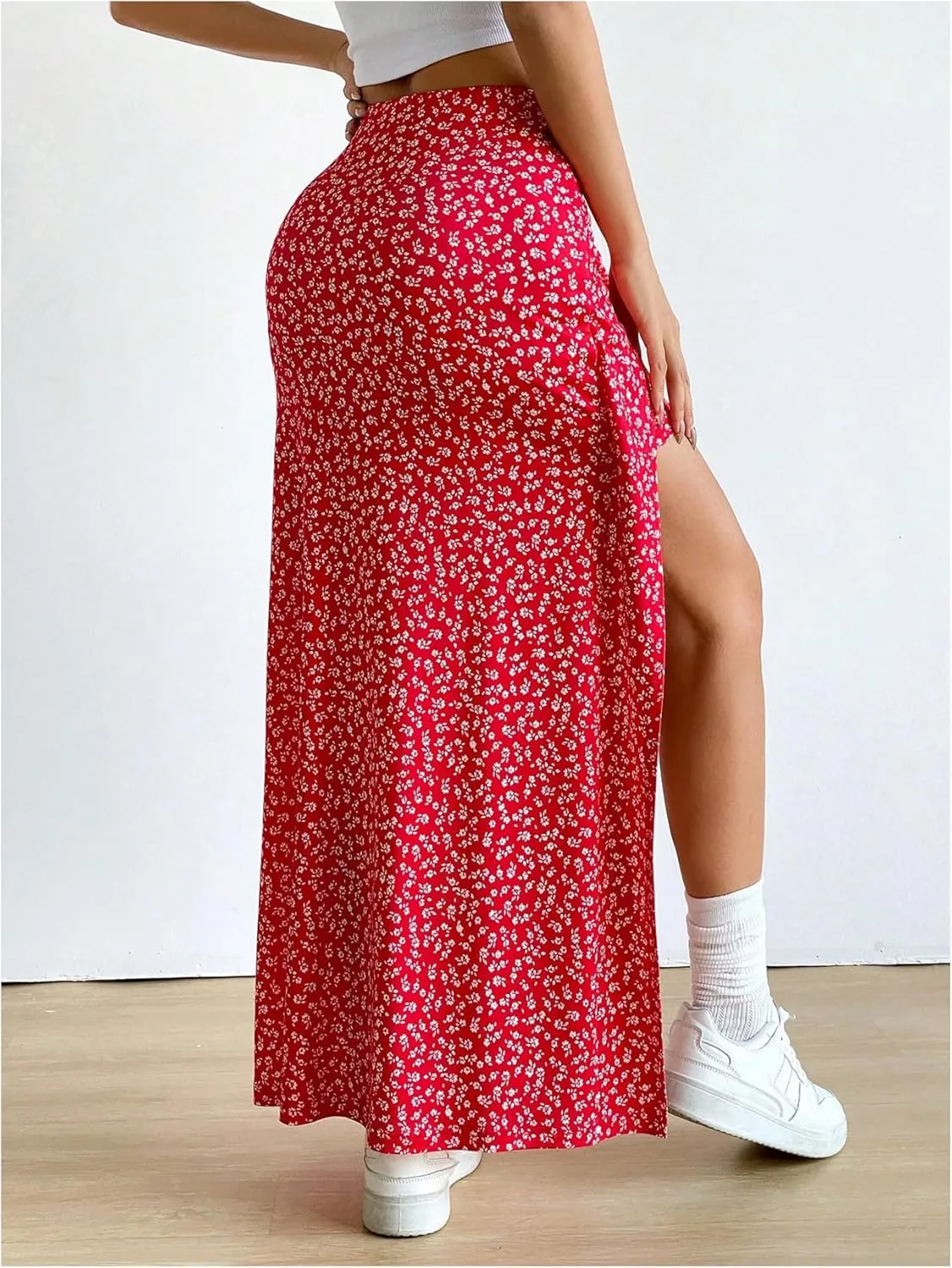 Women's Boho Floral Print Skirt Split Thigh Bodycon Maxi Skirts High Waisted Long Sexy Skirt