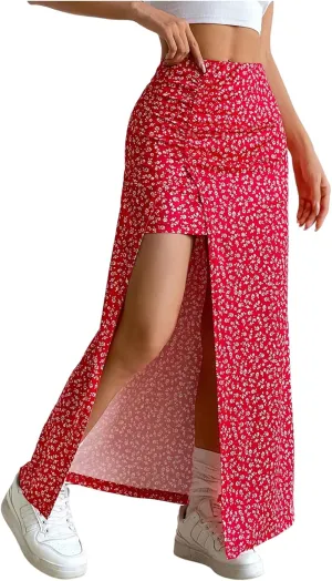 Women's Boho Floral Print Skirt Split Thigh Bodycon Maxi Skirts High Waisted Long Sexy Skirt