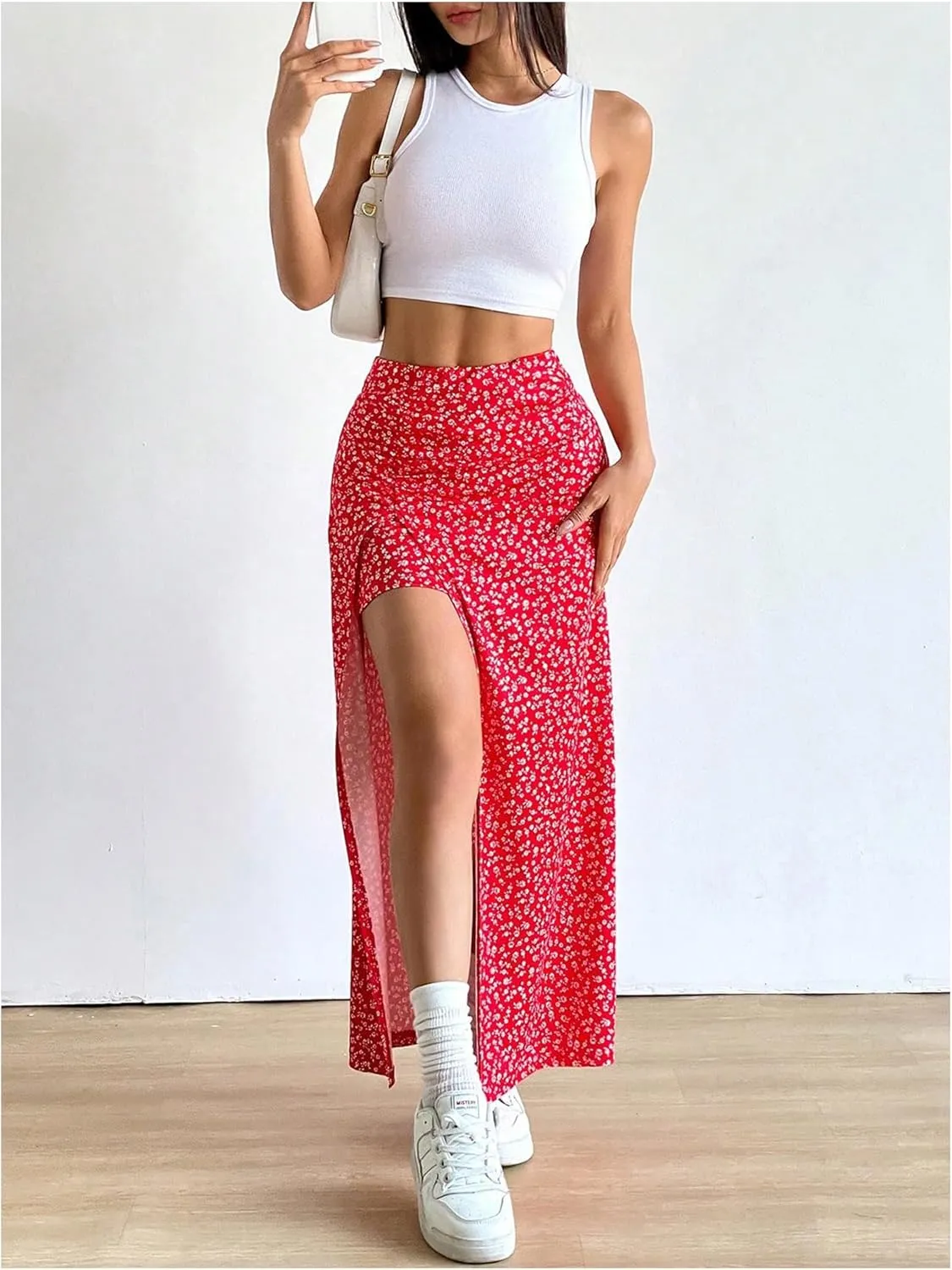 Women's Boho Floral Print Skirt Split Thigh Bodycon Maxi Skirts High Waisted Long Sexy Skirt