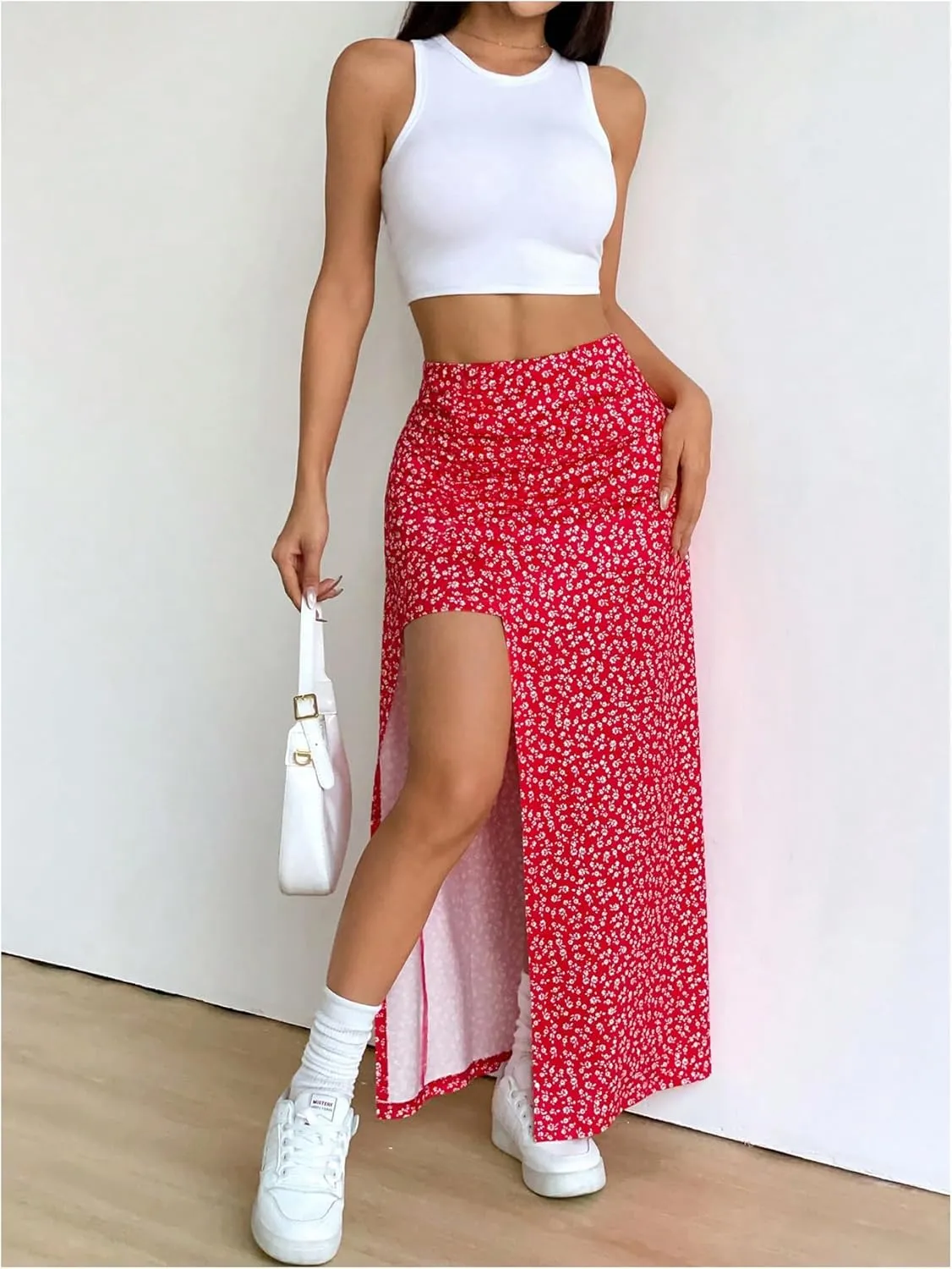 Women's Boho Floral Print Skirt Split Thigh Bodycon Maxi Skirts High Waisted Long Sexy Skirt