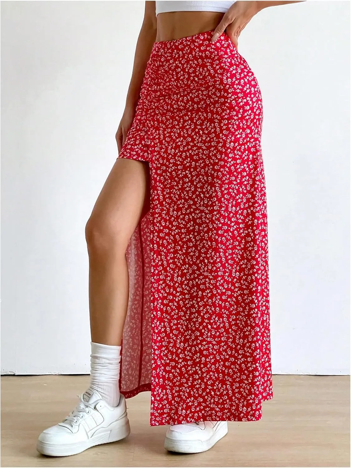 Women's Boho Floral Print Skirt Split Thigh Bodycon Maxi Skirts High Waisted Long Sexy Skirt