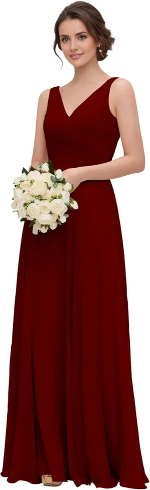 Womens Bridesmaid Dress V-Neck Sleeveless A Line Chiffon Floor Length Formal Dress NO97