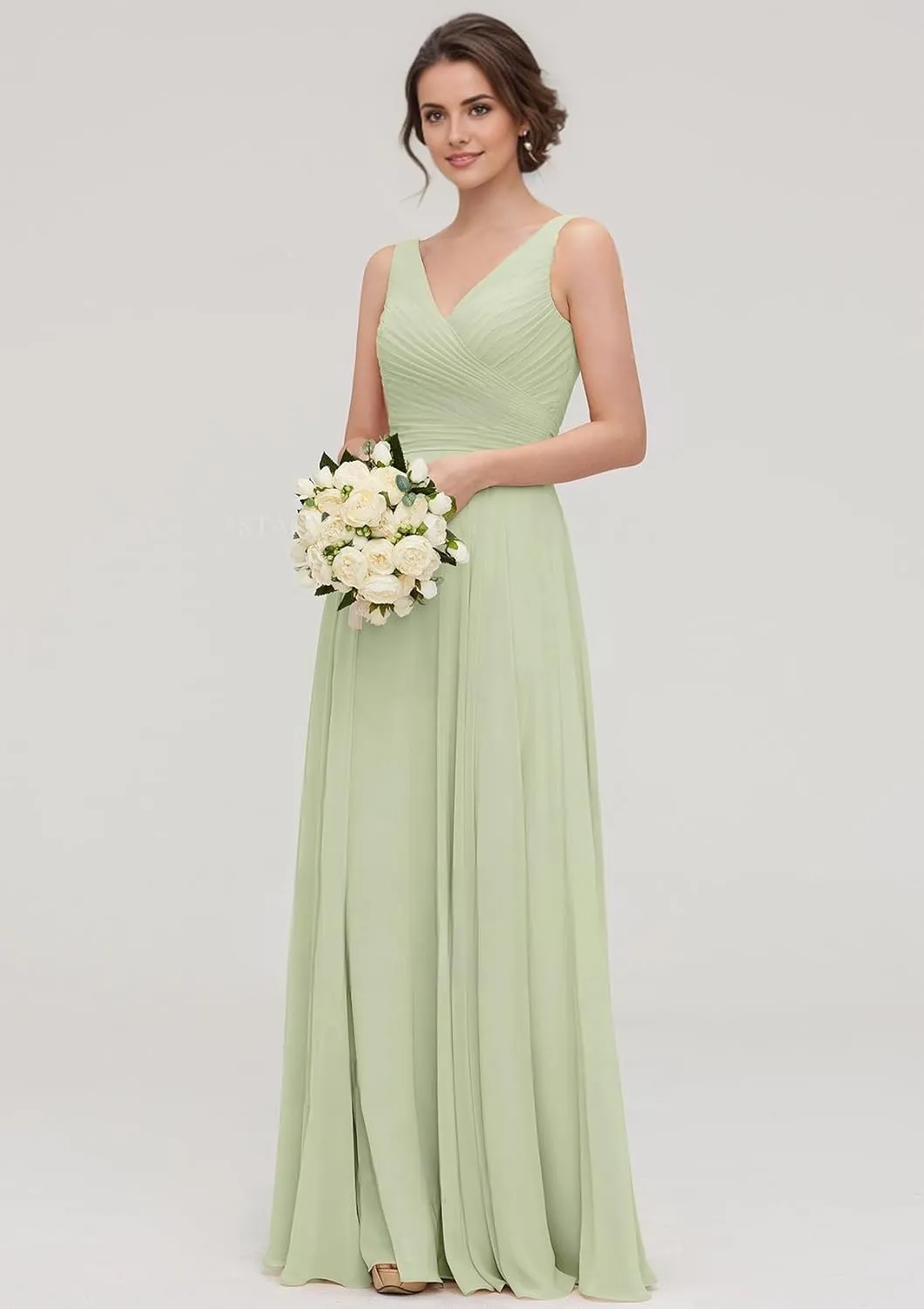Womens Bridesmaid Dress V-Neck Sleeveless A Line Chiffon Floor Length Formal Dress NO97