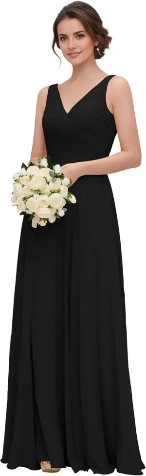 Womens Bridesmaid Dress V-Neck Sleeveless A Line Chiffon Floor Length Formal Dress NO97