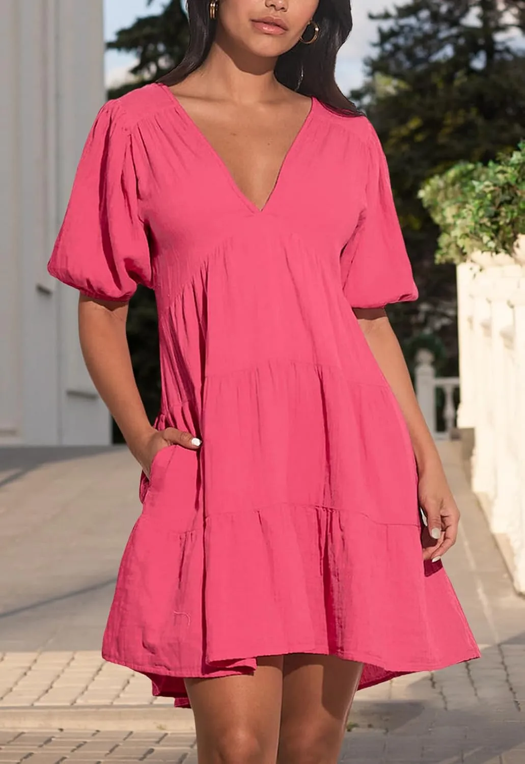 Women's Casual Dress Deep V-Neck Short Lantern Sleeve Tie Backless A Line Mini Dresses