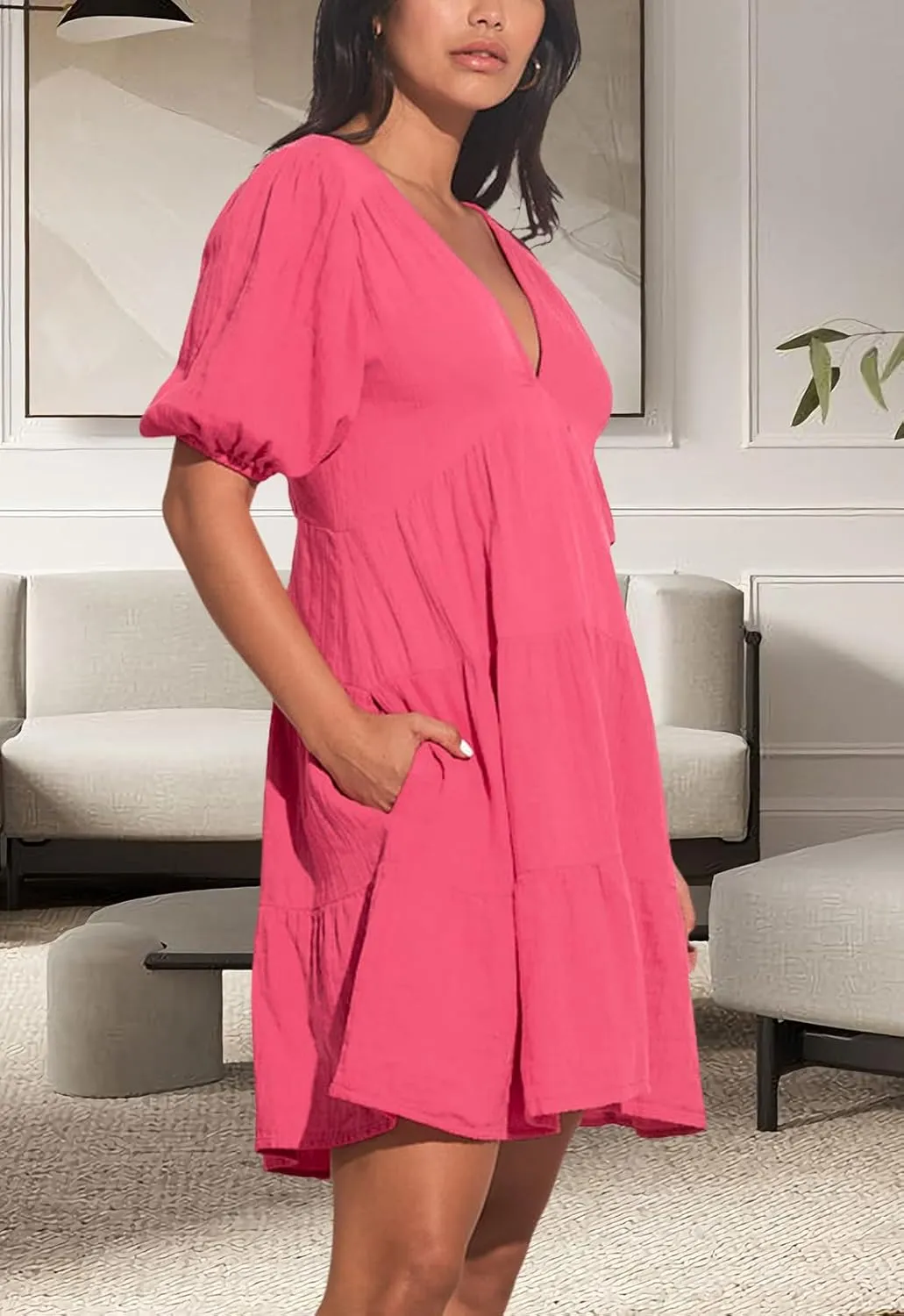 Women's Casual Dress Deep V-Neck Short Lantern Sleeve Tie Backless A Line Mini Dresses