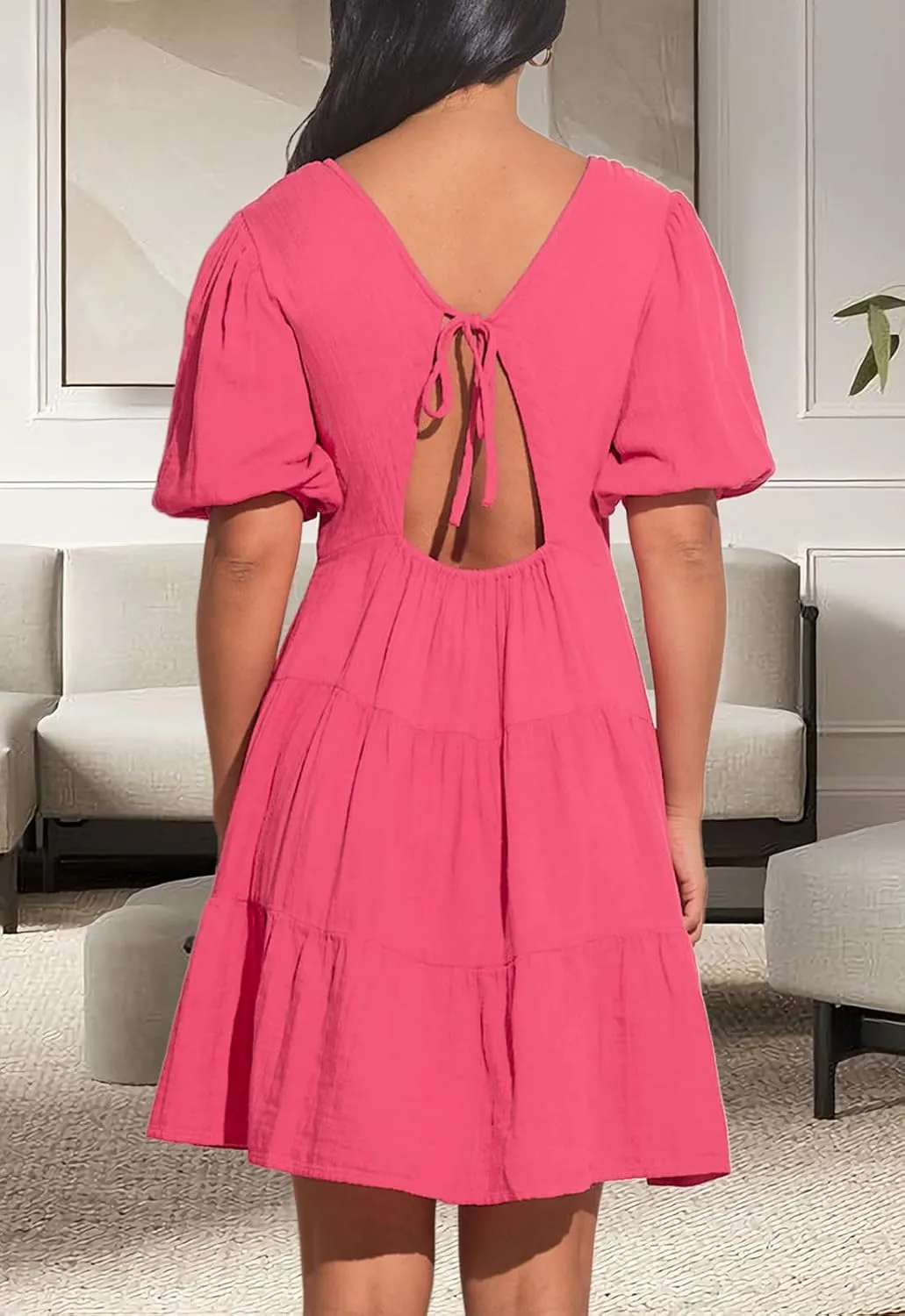 Women's Casual Dress Deep V-Neck Short Lantern Sleeve Tie Backless A Line Mini Dresses