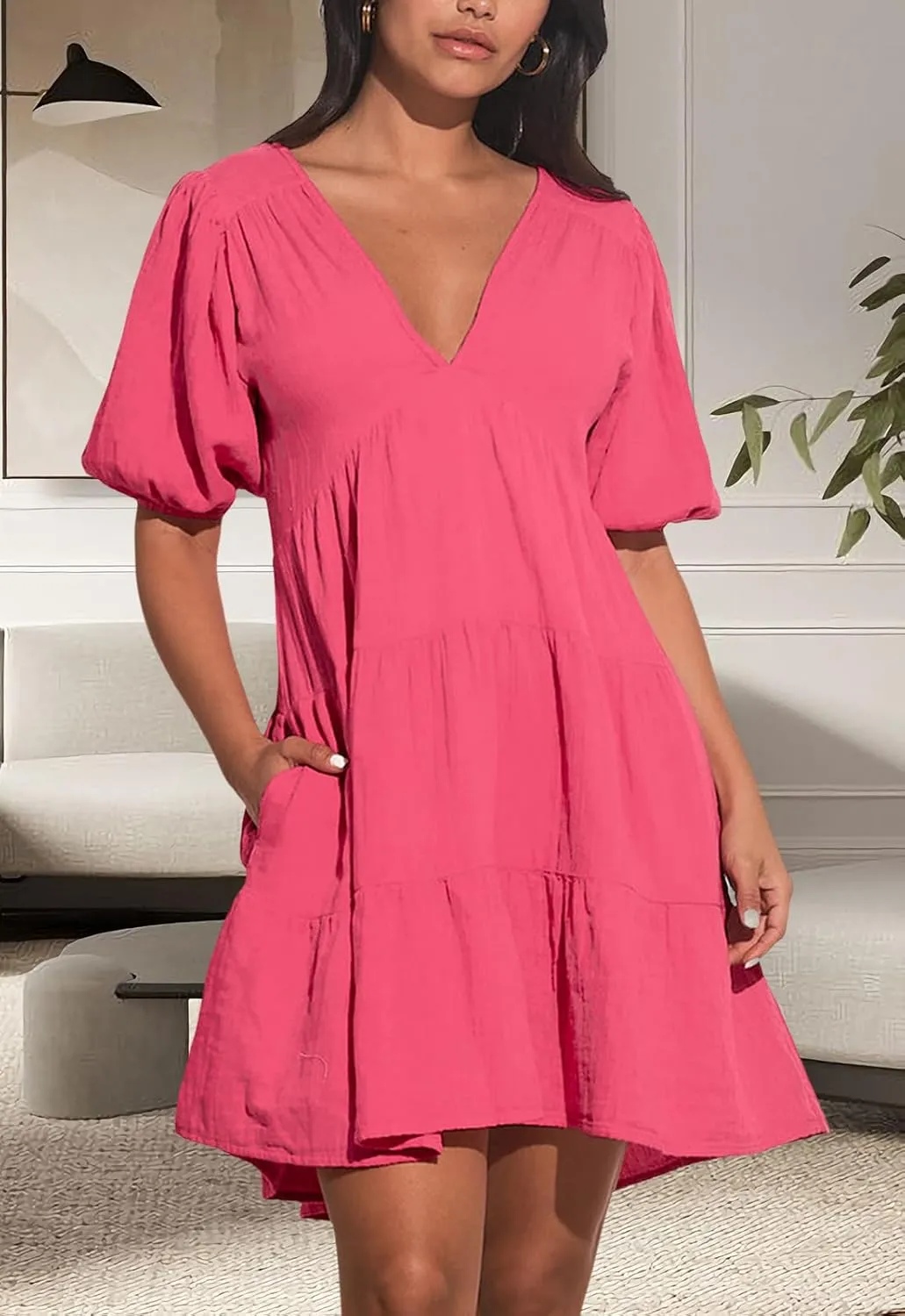 Women's Casual Dress Deep V-Neck Short Lantern Sleeve Tie Backless A Line Mini Dresses