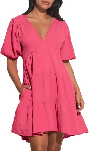 Women's Casual Dress Deep V-Neck Short Lantern Sleeve Tie Backless A Line Mini Dresses
