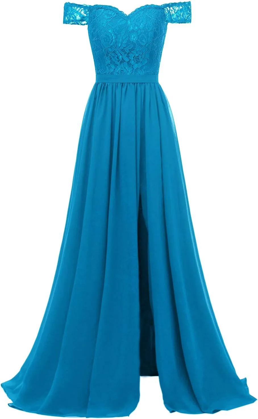 Women's Chiffon Off Shoulder Bridesmaid Dresses for Wedding Long Lace Bodice Slit Formal Party Gown with Pockets