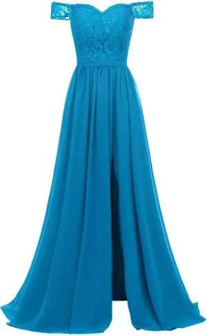 Women's Chiffon Off Shoulder Bridesmaid Dresses for Wedding Long Lace Bodice Slit Formal Party Gown with Pockets