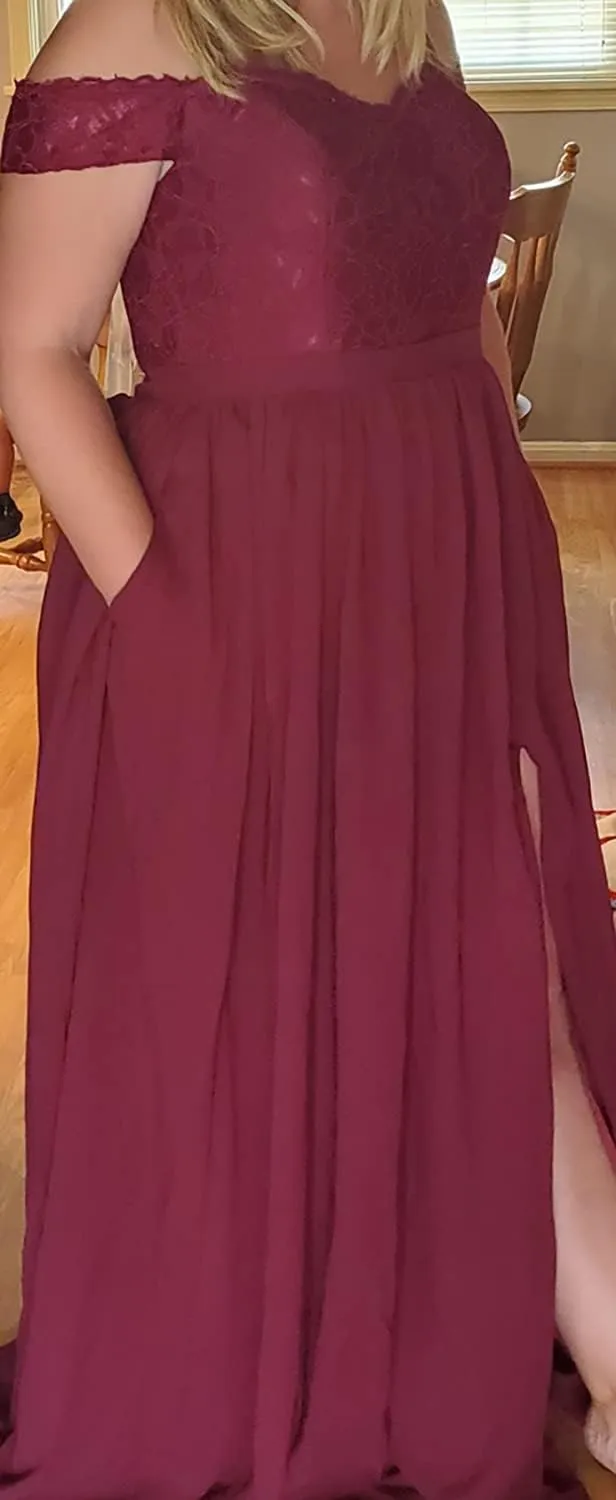 Women's Chiffon Off Shoulder Bridesmaid Dresses for Wedding Long Lace Bodice Slit Formal Party Gown with Pockets