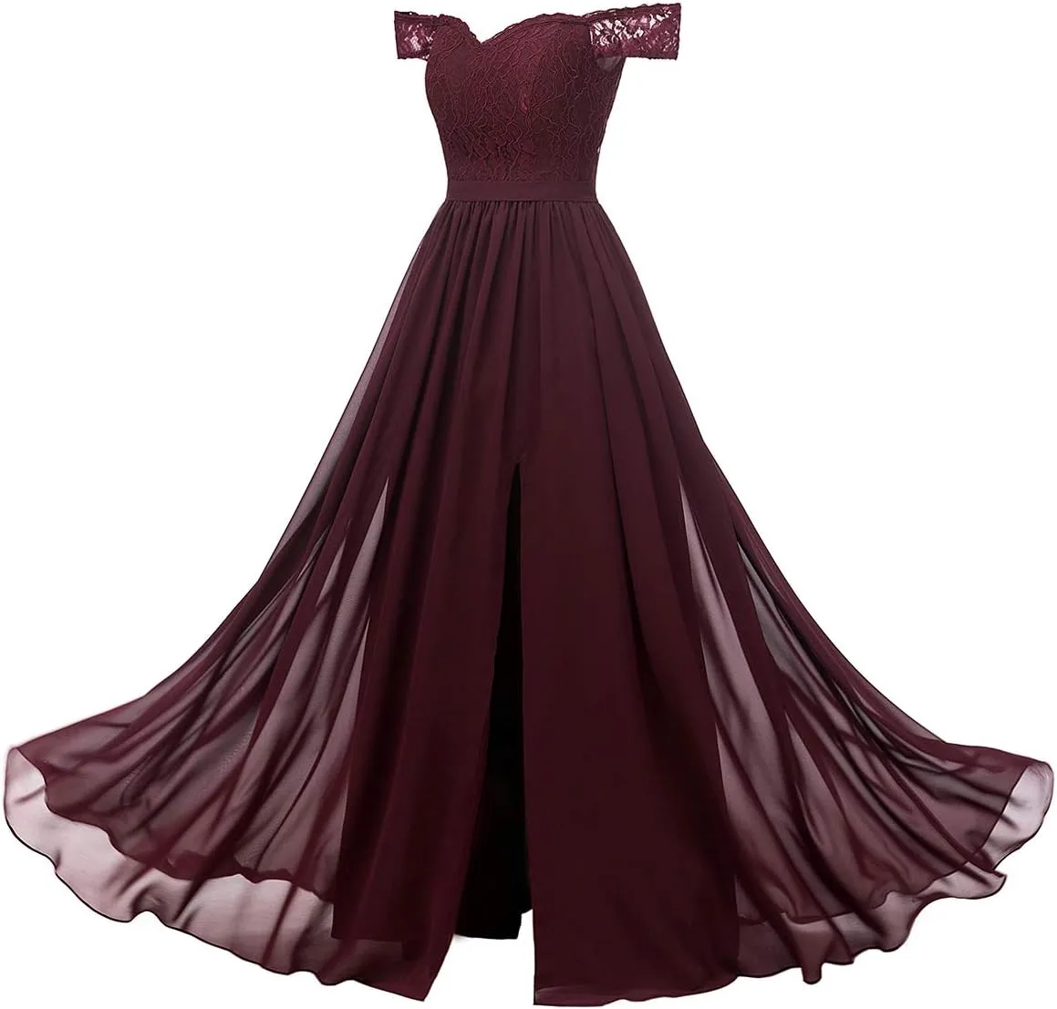 Women's Chiffon Off Shoulder Bridesmaid Dresses for Wedding Long Lace Bodice Slit Formal Party Gown with Pockets