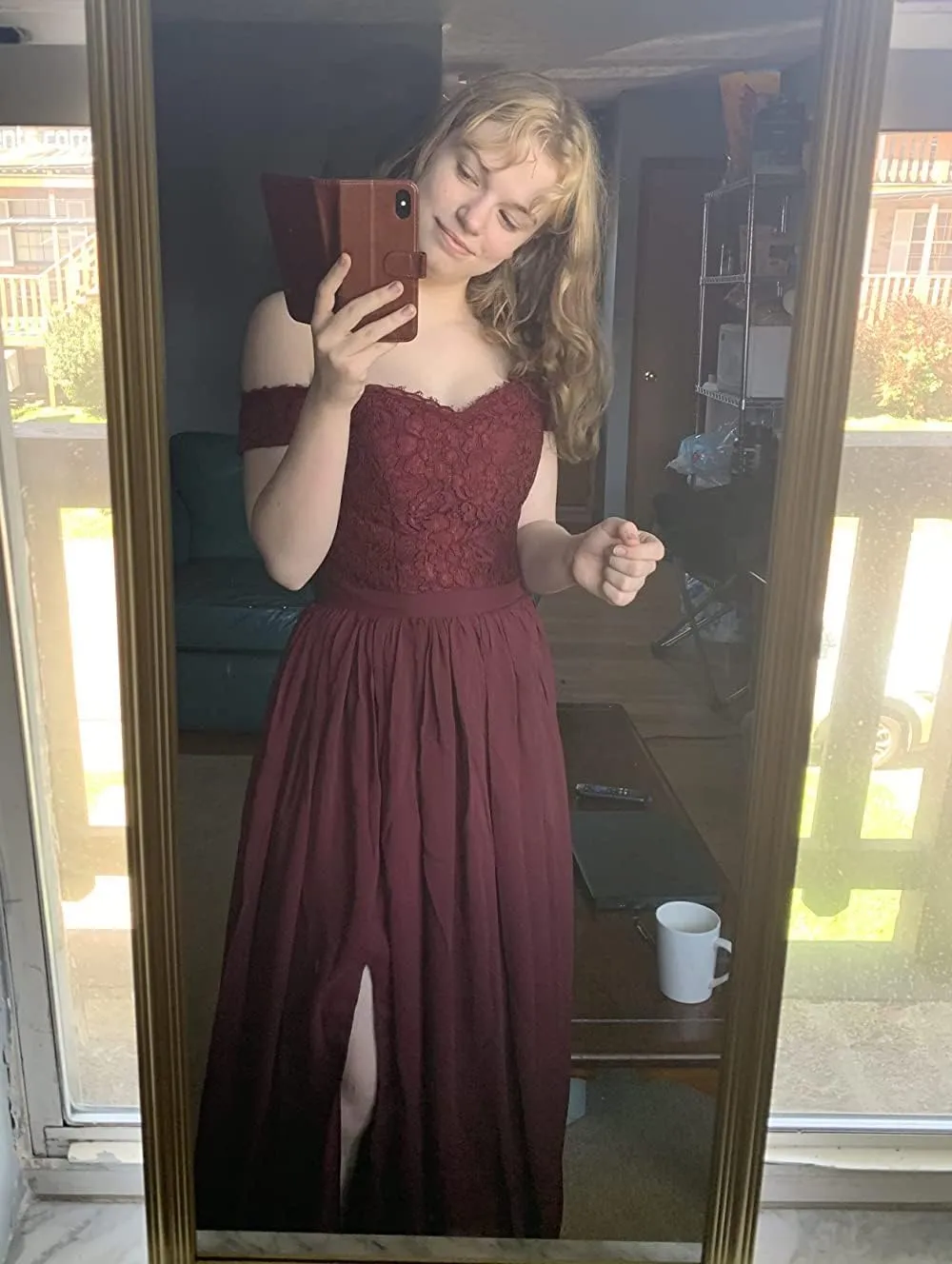 Women's Chiffon Off Shoulder Bridesmaid Dresses for Wedding Long Lace Bodice Slit Formal Party Gown with Pockets