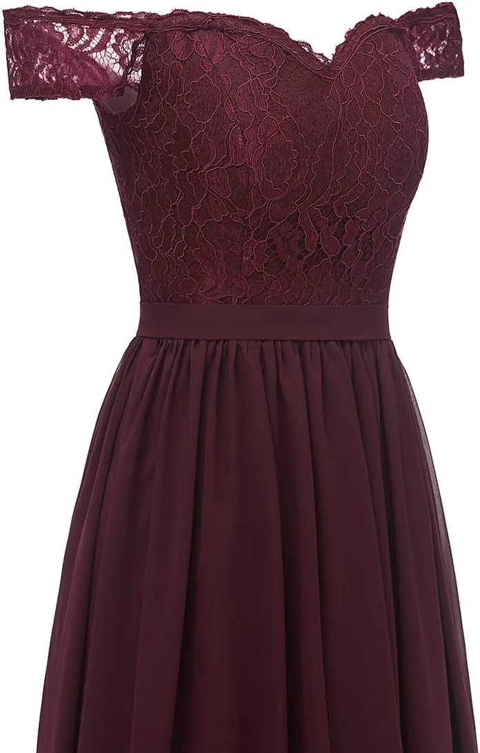 Women's Chiffon Off Shoulder Bridesmaid Dresses for Wedding Long Lace Bodice Slit Formal Party Gown with Pockets