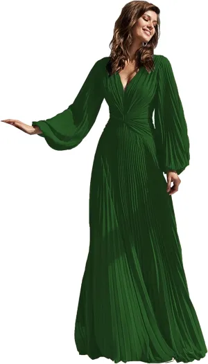 Women's Chiffon V Neck Bridesmaid Dresses with Long Sleeves A Line Floor Length Evening Dress