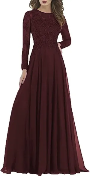 Women's Crew Neck Chiffon Formal Evening Gowns Appliques Long Prom Dresses