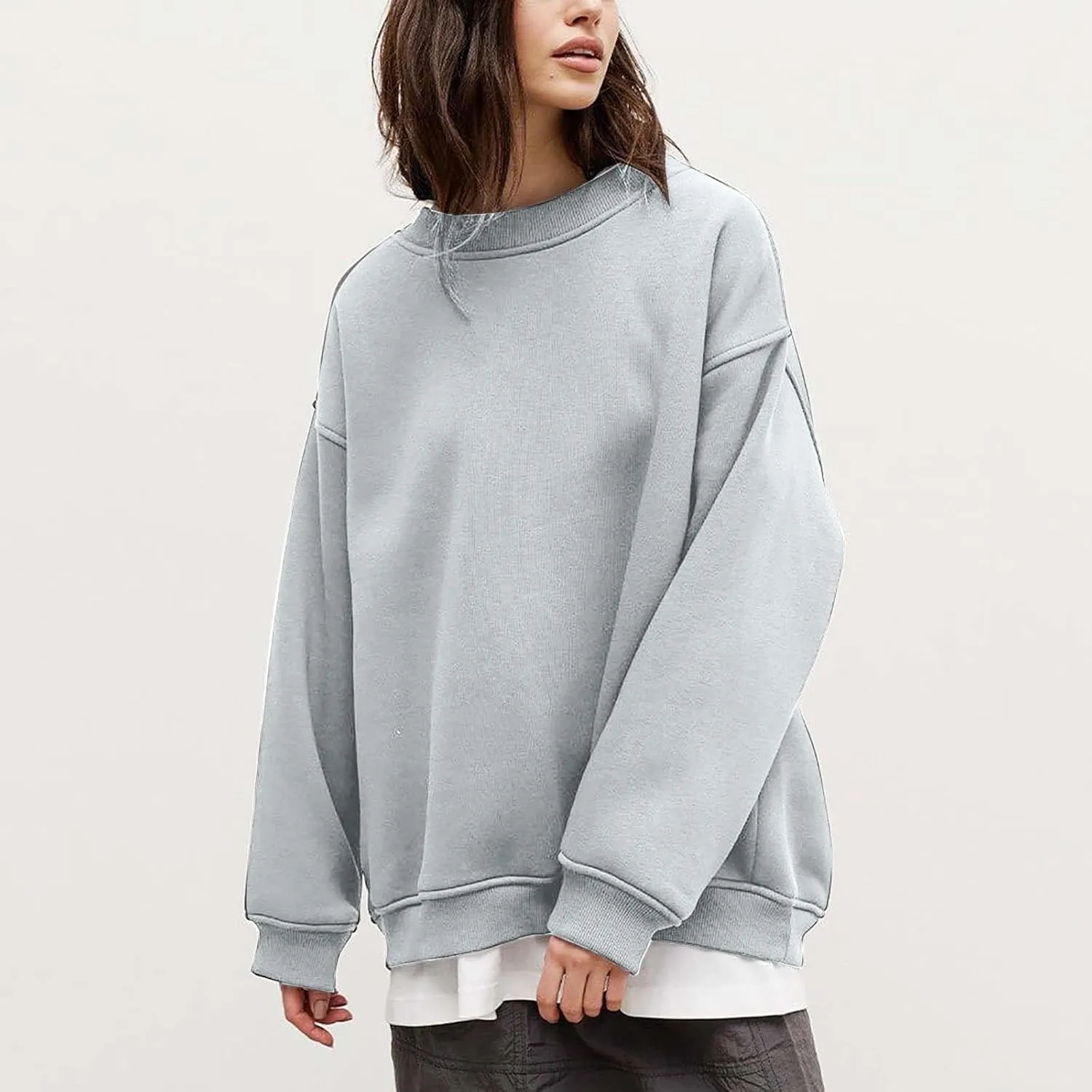 Womens Crew Neck Solid Color Sweatshirts Tops Long Sleeve Casual Pullover Cute Lightweight Loose Tops Fall Winter